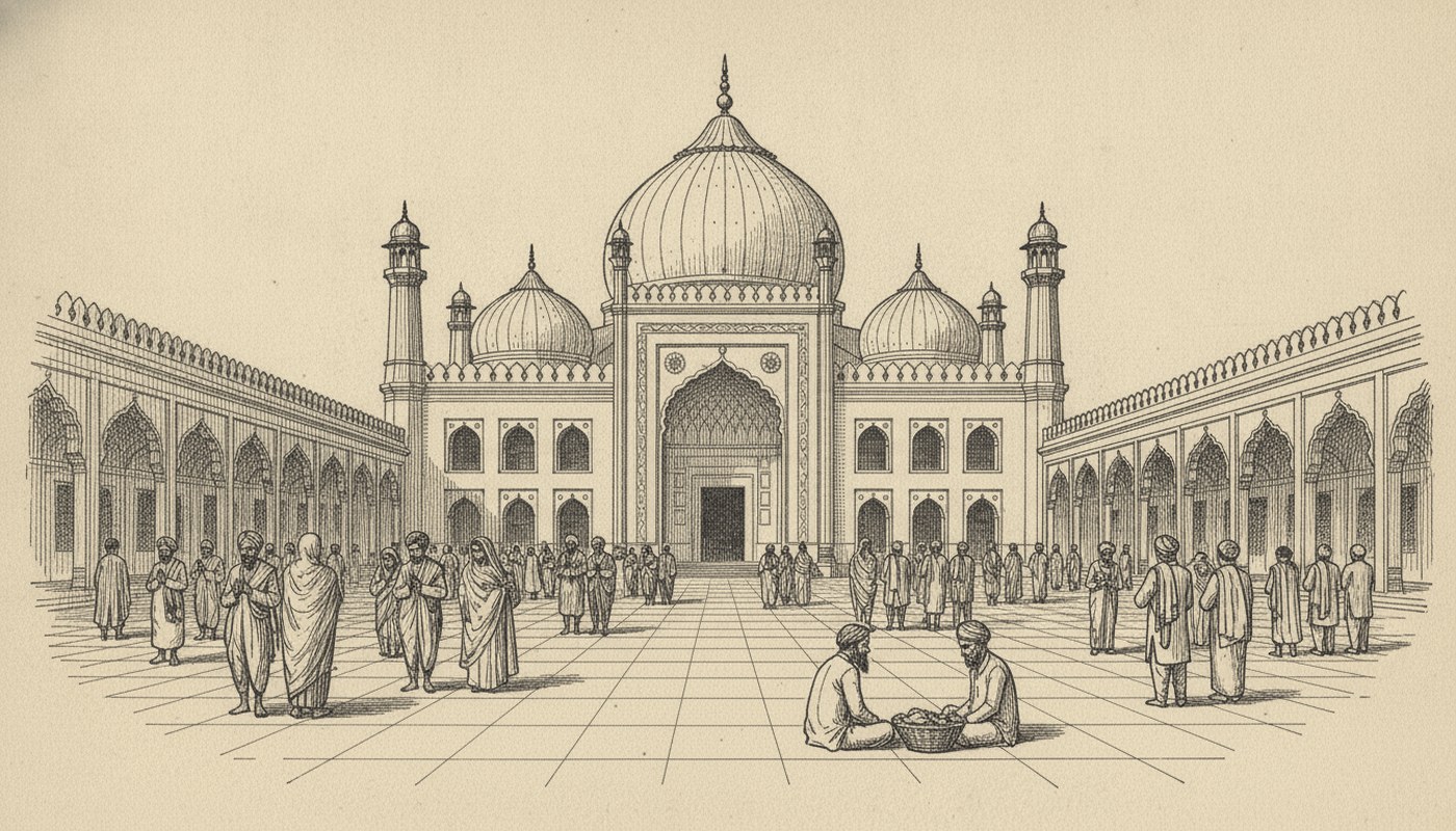 Pen and ink drawing of the domed shrine at Ajmer with a mixed crowd of pilgrims in caps, turbans and saris standing in the courtyard.