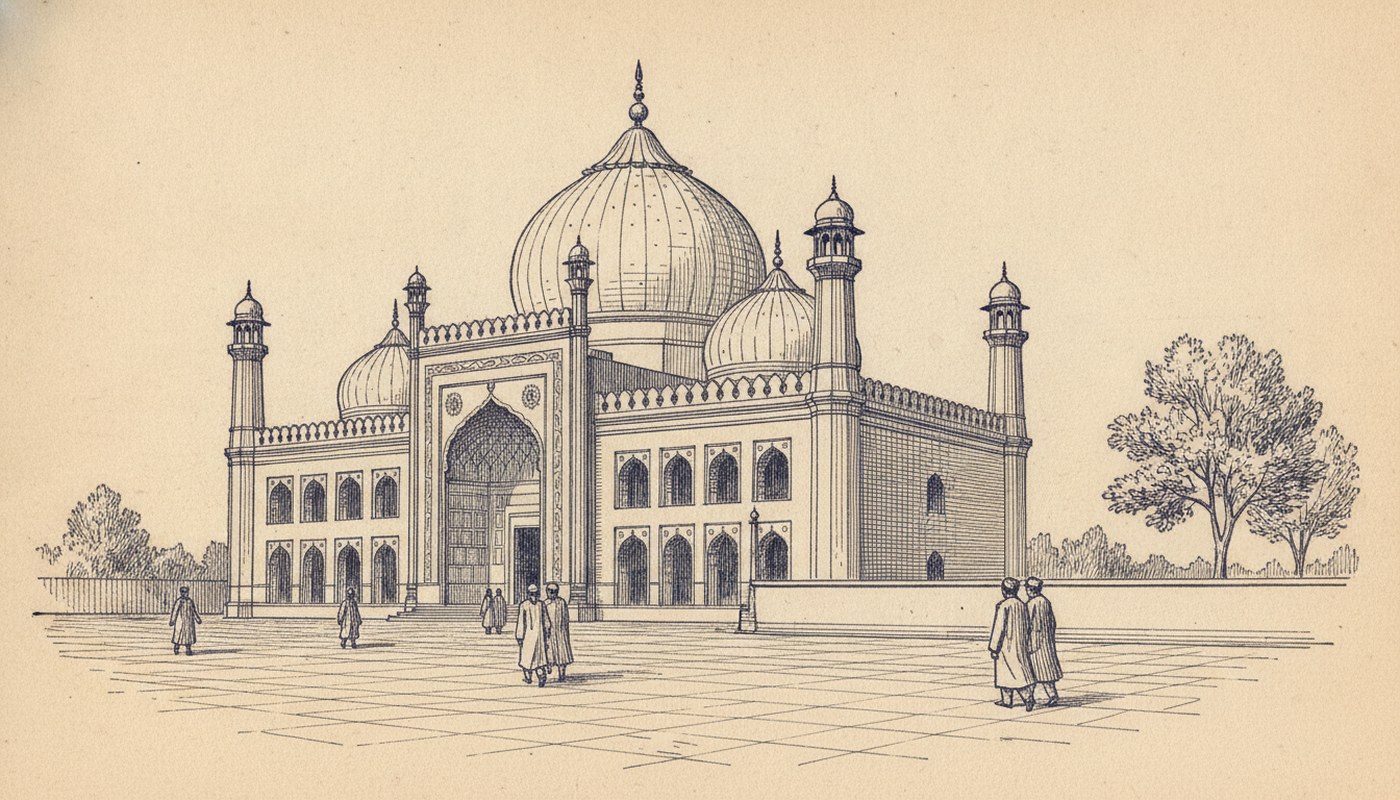 Pen and ink drawing of a large Mughal-style mosque with a central dome, flanking domes, an arched entrance and minarets, students crossing the forecourt.