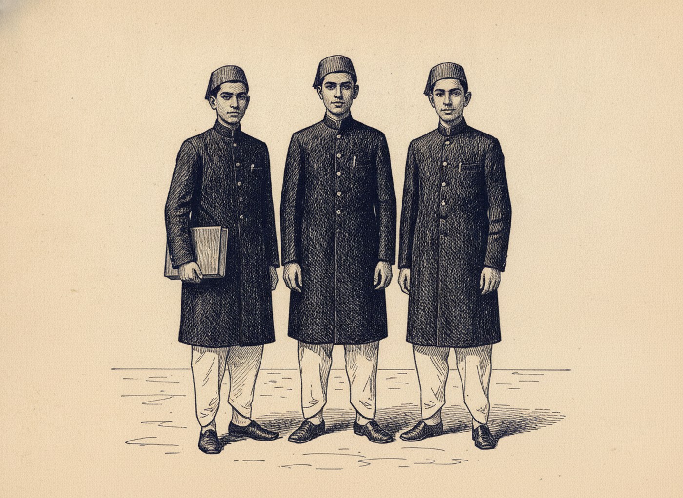 Pen and ink drawing of three young students standing in long black buttoned coats over white loose trousers, wearing brimless caps.