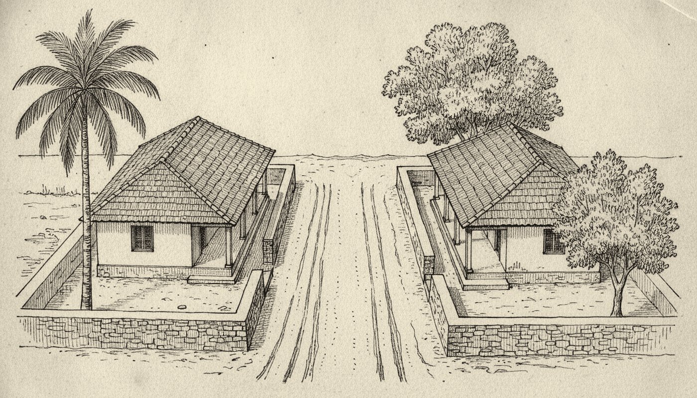 Pen and ink drawing of two tiled-roof houses with small verandahs facing each other across an unpaved lane, low stone compound walls, a coconut palm and a neem tree.