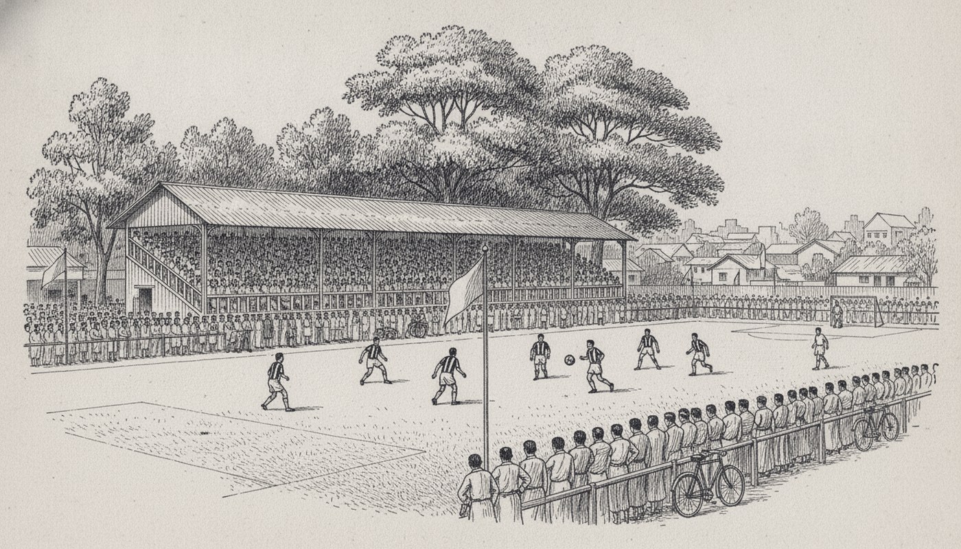 Pen and ink drawing of a football ground with a tiered spectator stand, a packed crowd along the rails and a match in play.