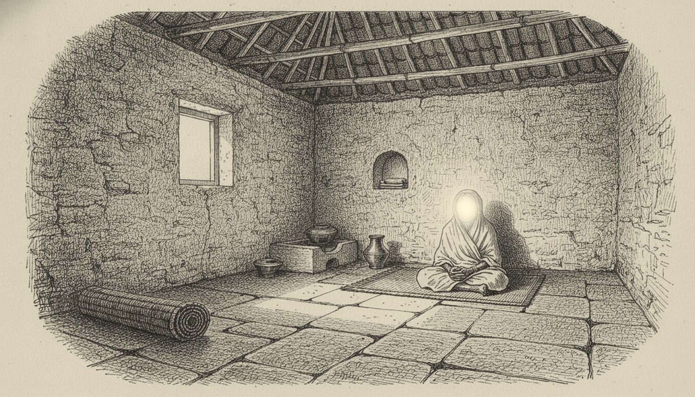 Pen and ink drawing of a bare one-room village house: rubble walls, a stone slab floor, a rolled reed mat, earthen pots by a clay stove, and an old woman in a white sari sitting alone on a mat, her face drawn as a glow of white light rather than features.