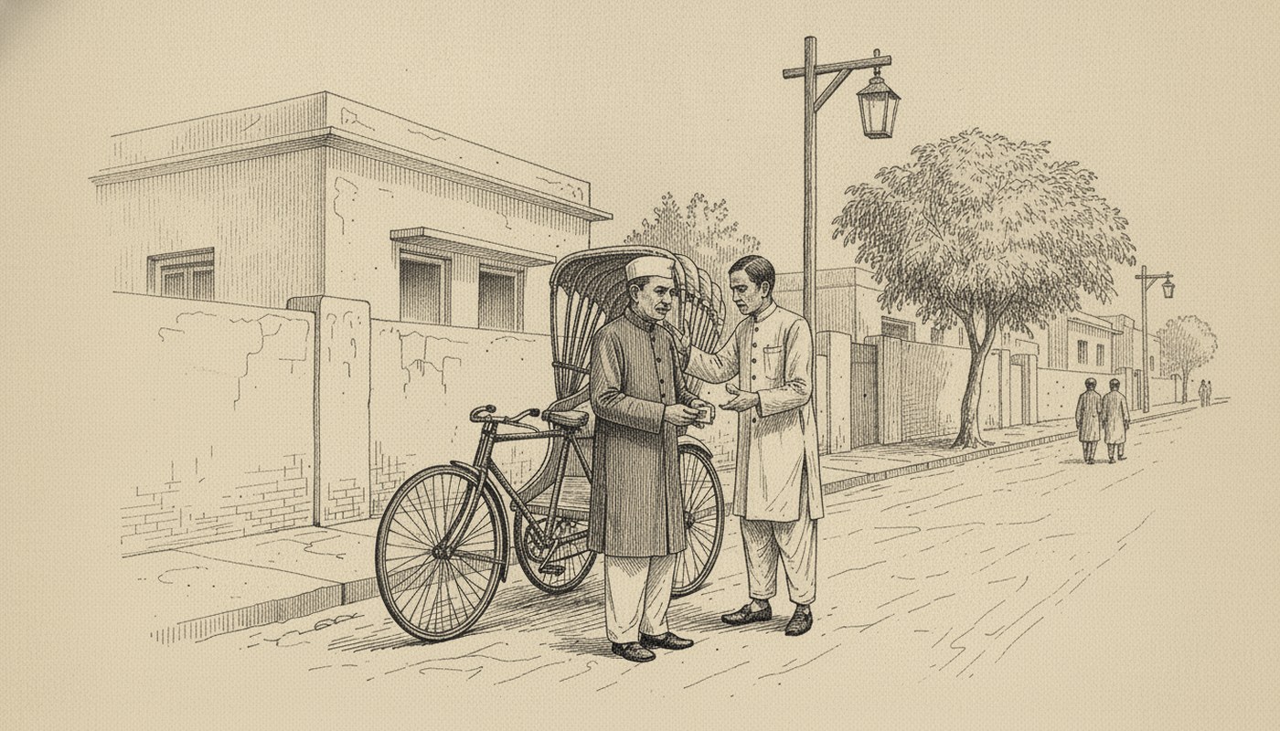 Pen and ink drawing of a Karachi street where a doctor in a sherwani presses folded notes into the hand of a cycle rickshaw driver.