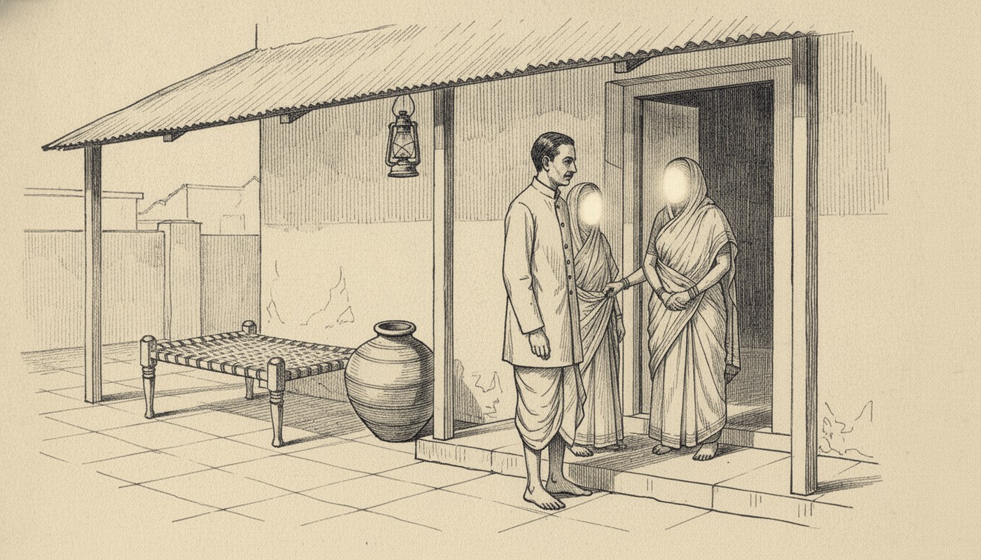 Pen and ink drawing of a man in a buttoned coat and dhoti bringing his wife to a tiled verandah, where an older woman reaches out to receive her; the faces of both women are drawn as glows of white light.