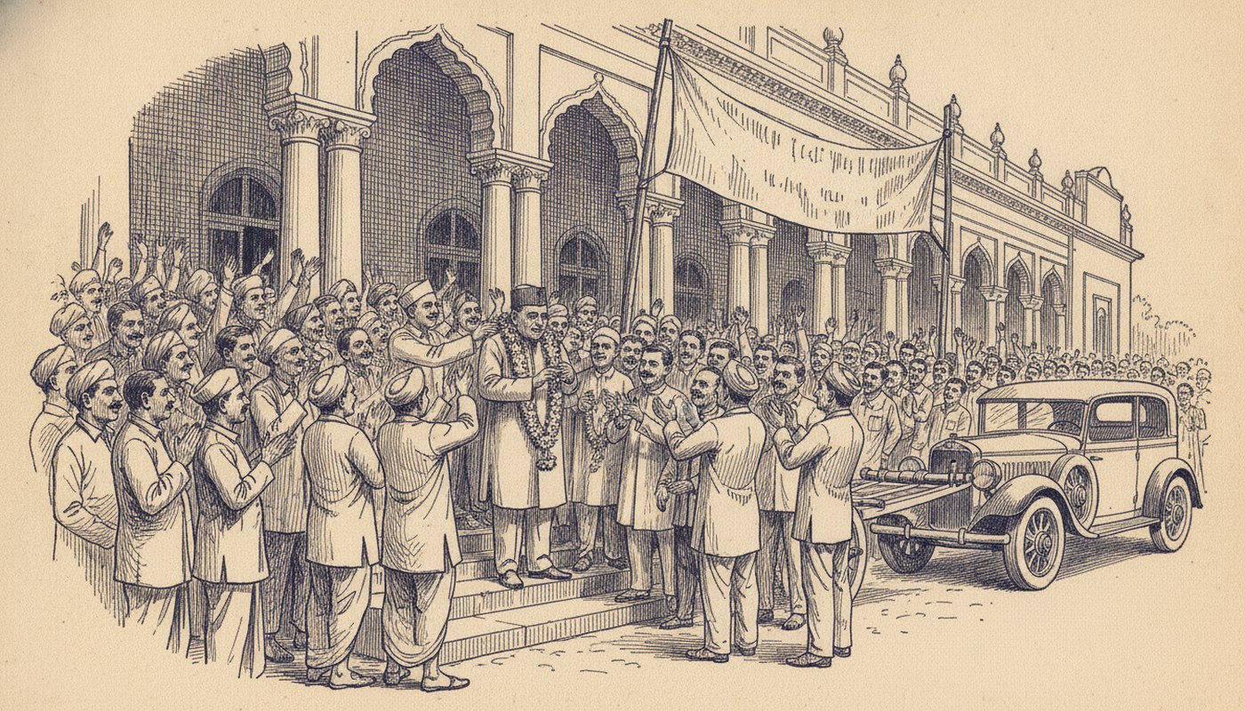 Pen and ink drawing of a man in a sherwani being garlanded on the steps of a municipal building, a mixed crowd of townsmen clapping, a banner overhead and a 1930s motor car at the edge.