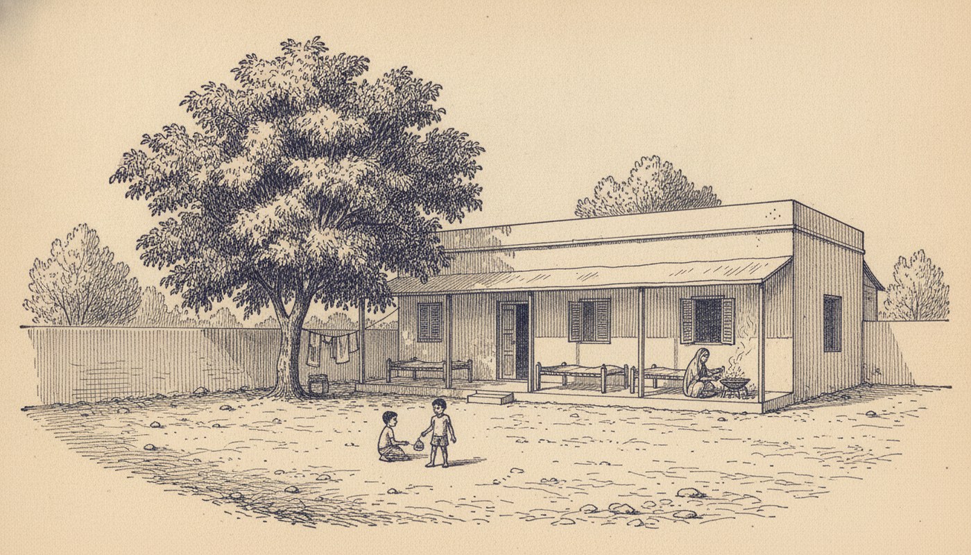 Pen and ink drawing of a low single-storey house across an earth compound, charpai beds made up along an open verandah, a woman cooking over a charcoal brazier, two boys playing, washing on a line under a neem tree.