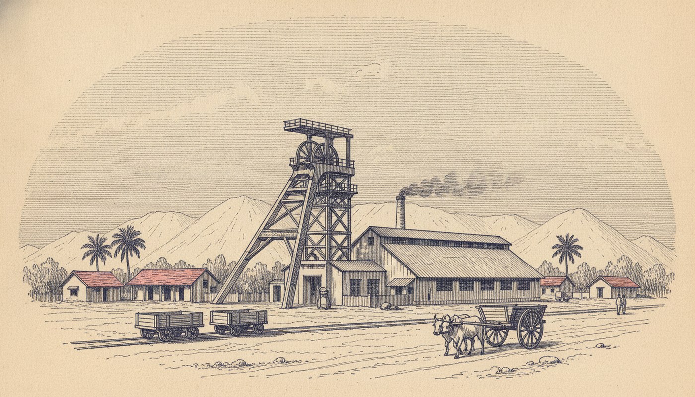 Pen and ink drawing of a gold mining town: a tall steel headframe with winding wheels, a long mill building with a smoking chimney, tailings hills, rail wagons and a bullock cart.