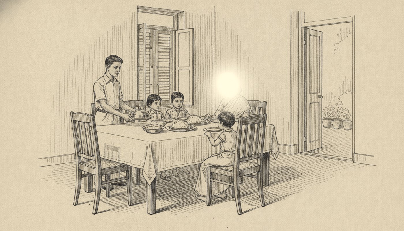 Pen and ink drawing of a family at a laid table in a bungalow dining room, a cook setting down a covered dish, shuttered windows behind.