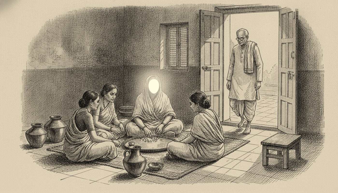 Pen and ink drawing of a woman seated on the floor of a kitchen eating from a shared thali with three maids, watched from the doorway by an older gentleman. Her face is drawn as a glow of white light, not as features.