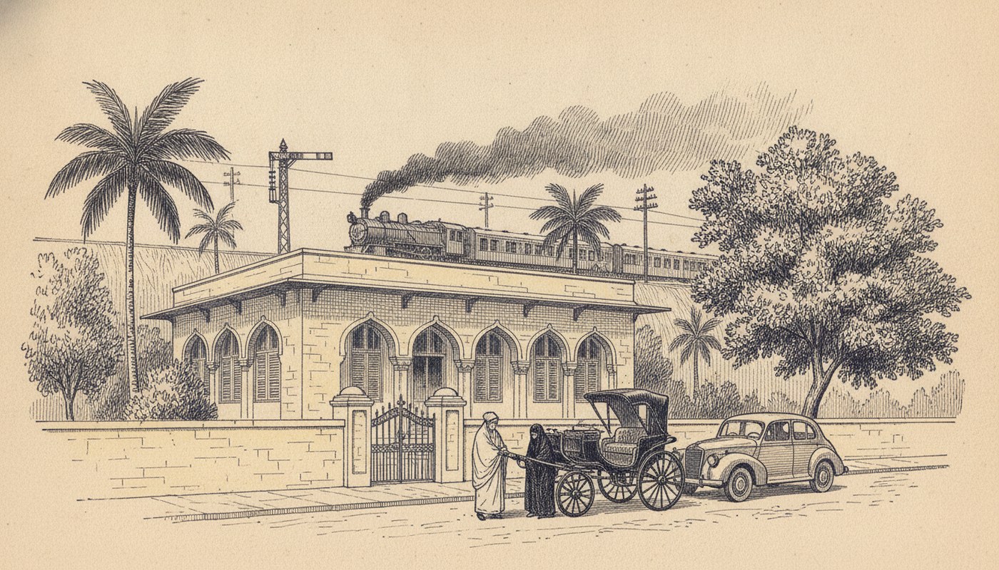 Pen and ink drawing of a Karachi nursing home of 1950: pale limestone walls, an arcade of pointed arches with louvred shutters, an iron gate with a Victoria carriage and a 1940s saloon car outside, and a steam train passing on the embankment behind.