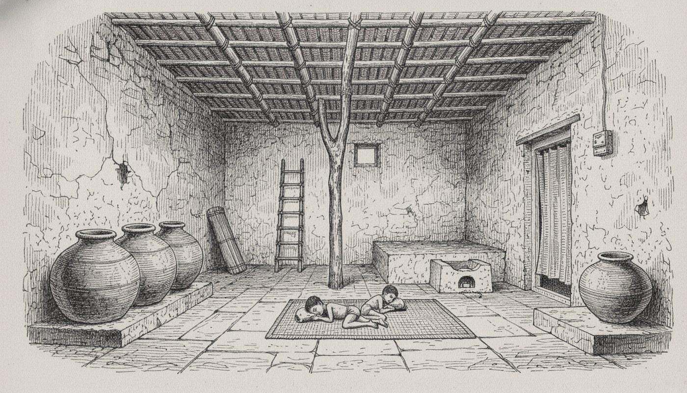 Pen and ink drawing of a bare village house interior: huge earthen grain jars, an uneven stone floor, two boys asleep on a mat, a bamboo ladder to an attic, a jute curtain in a doorway and a clay stove beyond.