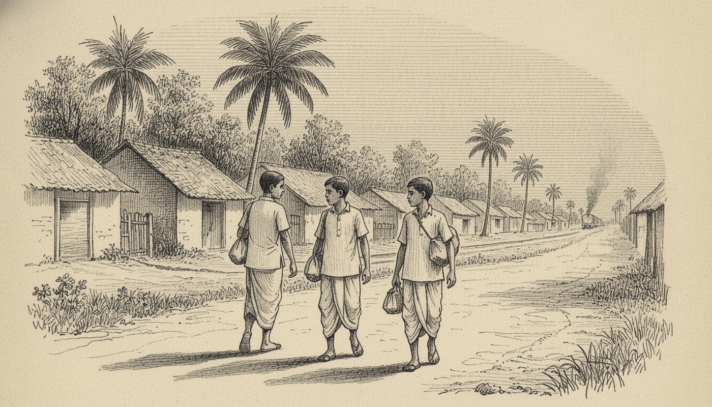 Pen and ink drawing of three schoolboys walking away down a village lane at dawn with cloth bundles, tiled roofs behind them and the smoke of a train ahead.