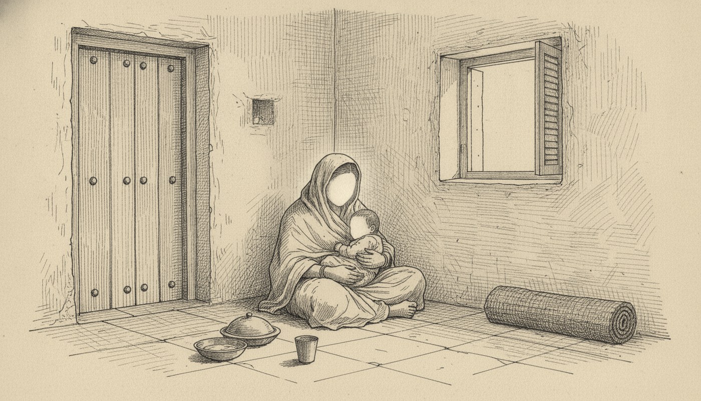 Pen and ink drawing of a mother sitting on the floor of a shut room with her sick child in her lap, food set inside the door; her face is drawn as a glow of white light.