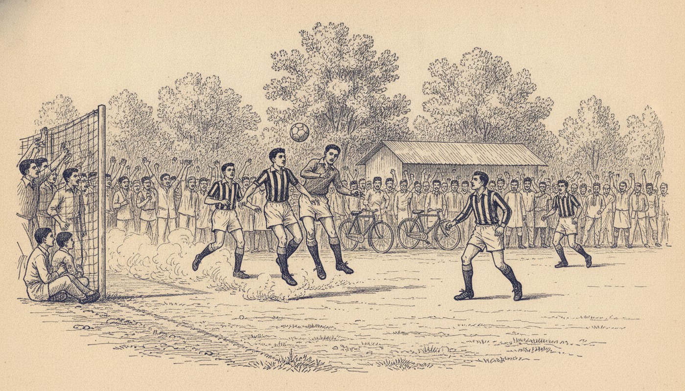 Pen and ink drawing of a football match on a bare earth ground, two players contesting a header before the goal, a dense standing crowd in caps and kurtas around the touchline with bicycles propped behind.