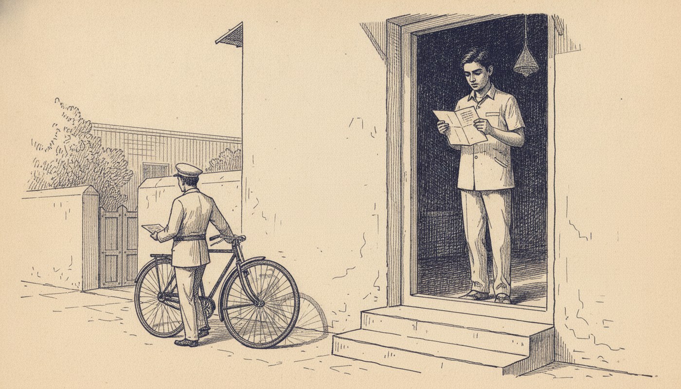 Pen and ink drawing of a young man in a doorway reading a telegram as the uniformed messenger turns away to his bicycle at the gate.